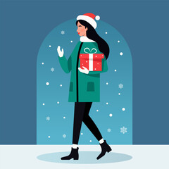 Vector flat illustration, a young girl in a New Year's hat walks around the city with a gift box in her hand. Christmas Eve, holiday shopping.

