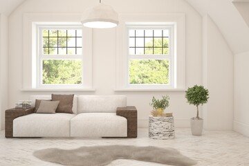 Contemporary classic white interior with furniture and decor and summer landscape in window. Scandinavian interior design. 3D illustration