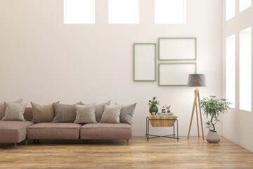 Interior design of modern apartment. Interior mockup. Scandinavian interior design. 3D illustration