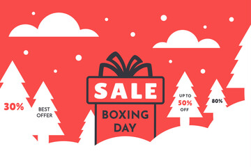 Gift boxes, discount, price off. Winter Background. Boxing Day sale. Modern banner for shopping event promotion, sale, advertisement. Vector illustration for winter holiday, New Year, web
