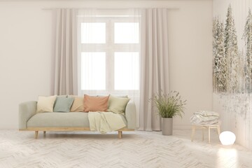White living room with sofa. Scandinavian interior design. 3D illustration