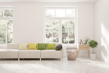 Fototapeta premium White living room with sofa and summer landscape in window. Scandinavian interior design. 3D illustration