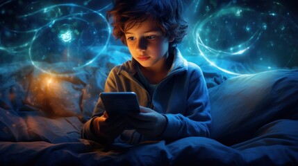Young Boy on Bed with Phone