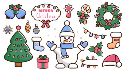 New Year icons. Set of cartoon color Christmas icon. Doodle holiday elements. Cute snowman, light, santa hat, Christmas socking, festive tree, wreath, jingle bells, holly, presents, candy cane. Vector