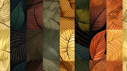  a set of four different colored leaves on a black and yellow striped background, each of which has a different leaf pattern.  generative ai