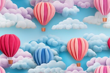 Naklejka premium Feutrage abstrait broderie pour enfants imprimé ballons colorés aéronautes dans un paysage de couleurs vives, ciel bleu sur fond de nuages mignons dégradés. IA générative, IA