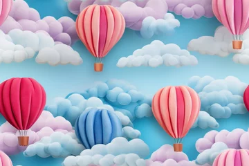 Papier Peint photo Montgolfière Feutrage abstrait broderie pour enfants imprimé ballons colorés aéronautes dans un paysage de couleurs vives, ciel bleu sur fond de nuages mignons dégradés. IA générative, IA