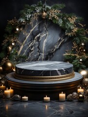 Fototapeta na wymiar empty marble podium, for promotion of Christmas products, Christmas trees, gift boxes, dark background , generative ai