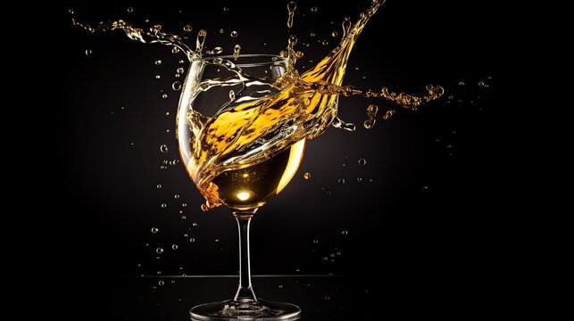 White wine splash out of wineglass on black background. AI generated image