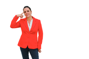 Woman pointing to her head in red jacket and blue trousers with white polka dots, in pensive pose. Businesswoman. Transparent background
