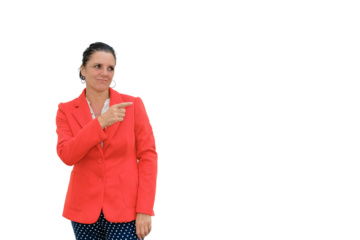 Woman standing with arm across chest pointing and looking to the side in elegant red jacket on transparent background.