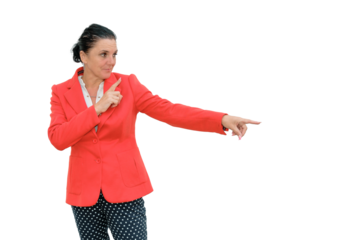Woman standing pointing with both hands and looking to the side on transparent background. Advertising by your side