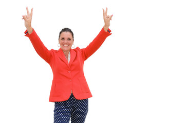 Senior woman standing with arms raised and smiling victory sign, wearing a red jacket. On Transparent Background, Success Concept