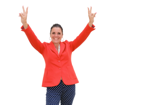 Senior woman standing with arms raised and smiling victory sign, wearing a red jacket. On Transparent Background, Success Concept