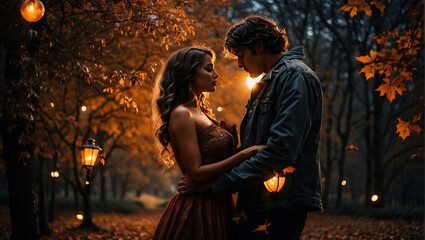 A loving couple with romantic lights in the background says goodbye to each other. - obrazy, fototapety, plakaty