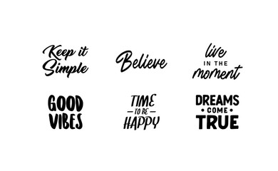 Motivational quotes. Set of positive vibes messages. Love yourself, be grateful, live the moment.