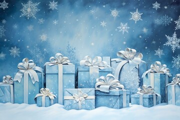 Blue Xmas with white presents and snowflakes. Generative AI