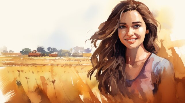 Smiling Teen Indian Woman with Brown Straight Hair Watercolor Illustration. Portrait of a Farmer on rural area background. Creative Drawing. Ai Generated Horizontal Illustration.