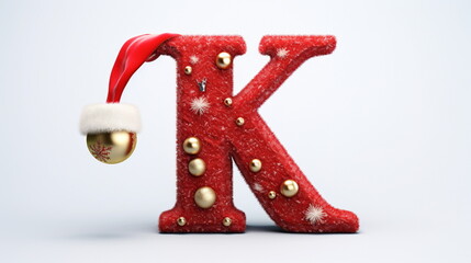 Letter K decorated with Christmas ornaments with red Santa Hat