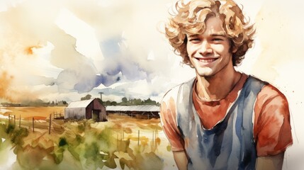 Smiling Teen White Man with Blond Curly Hair Watercolor Illustration. Portrait of a Farmer on rural area background. Creative Drawing. Ai Generated Horizontal Illustration. - obrazy, fototapety, plakaty