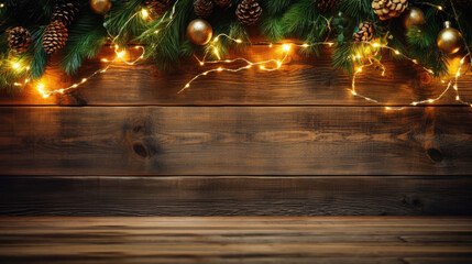 Fototapeta na wymiar Decorations with Christmas tree branches, baubles and lights on wooden background.