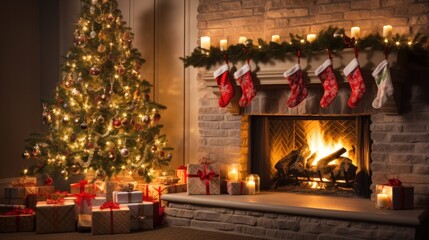 Christmas Glowing fireplace hearth tree. red stocking