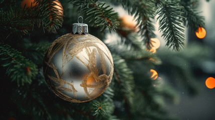 Christmas and New years eve background. Close up of a beautiful ball on Christmas tree.