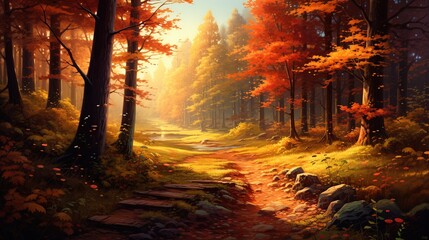 Oil painting style colorful landscape autumn forest tree. AI generated image