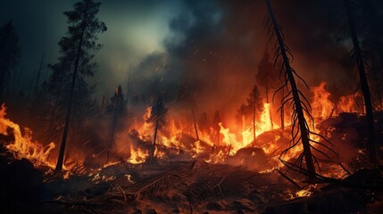 Wildfire burning tree in the forest at night. AI generated image