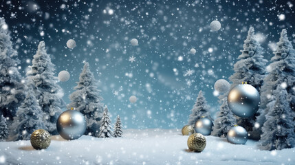 Fototapeta na wymiar Beautiful decorated Christmas tree in a snowed cold winter landscape.