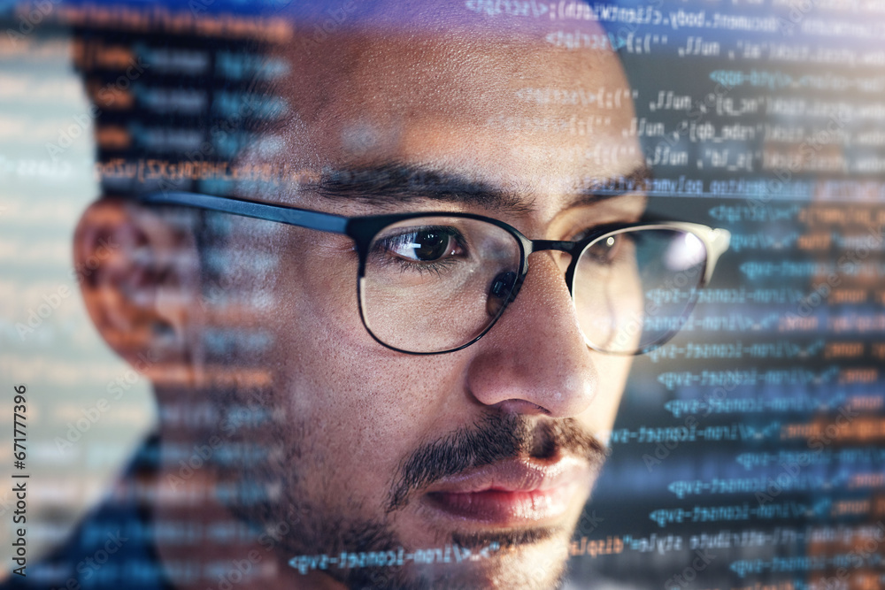 Aufkleber Man, face and programming at night with overlay or dashboard of code, malware or software at the office. Male person, coder or programmer working late in development, problem solving or algorithm