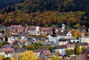 Lycée Turenne und Maria-Hilf-Kirche in Freiburg vor dem Herbstwald