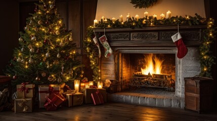 Decorated Christmas Tree Near Fireplace at Home