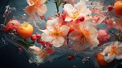 Obraz na płótnie Canvas a group of flowers floating on top of a body of water with oranges and cherries on the bottom of the water. generative ai