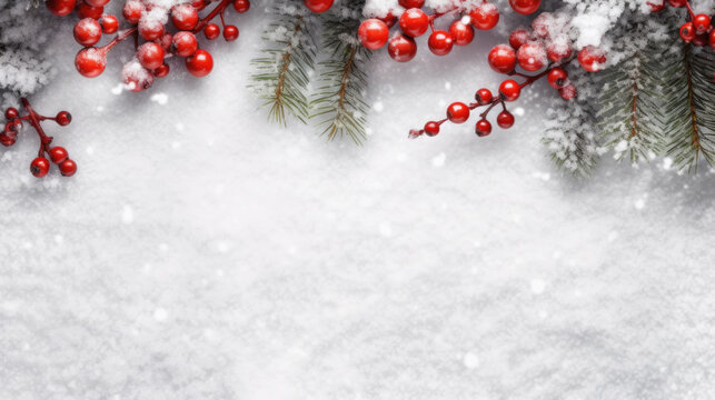 Vibrant red berries and frost-covered pine needles against a soft snowy background, evoking a serene winter holiday scene.