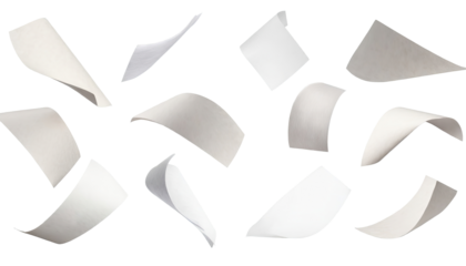 close up of flying papers isolated on transparent background . PNG, cutout, or clipping path.	
