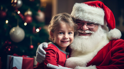 Portrait of Santa Claus with little cute girl near Christmas tree at home