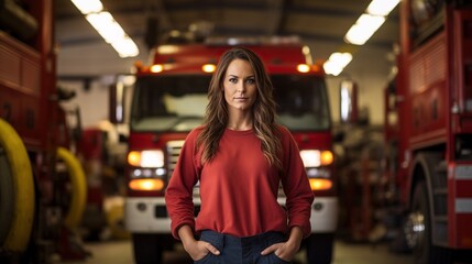 Fire fighter woman standing in front of a fire truck at night after working. AI generated
