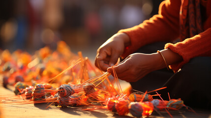 A close-up of someone's hands skillfully maneuvering a kite spool during the festivities of Makar Sankranti - obrazy, fototapety, plakaty