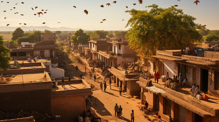 A picturesque rural landscape with people in traditional attire flying kites on the rooftops during the festival