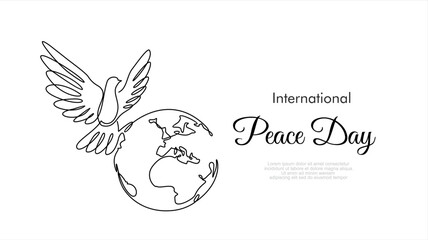 Planet Earth with dove of peace drawn in one continuous line. One line drawing, minimalism. Vector illustration.