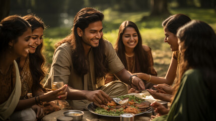 A group of friends and family celebrating Makar Sankranti by enjoying a picnic on a lush green field