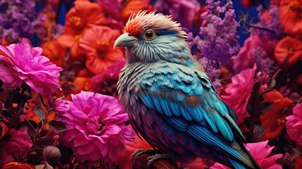 A colorful bird rest on branch of tree full of pink flowers. AI generated image
