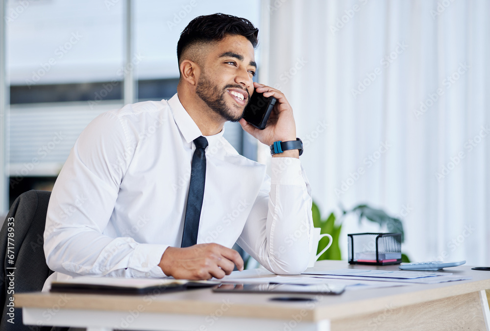 Wall mural Business, phone call and man with a smile, communication and connection with financial consultant, network or talking. Male person, employee or entrepreneur with a smartphone, broker and conversation