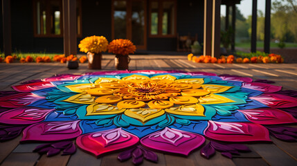 A mesmerizing rangoli design created with colorful powders, adding to the festive charm of Makar Sankranti