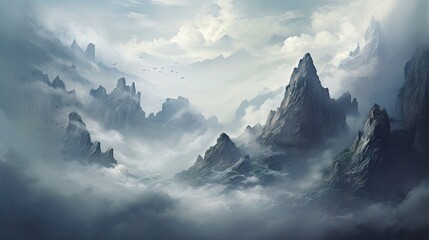 Obraz premium a painting of a mountain landscape with a bird flying over the top of the mountain and clouds in the foreground. generative ai