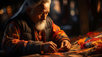Fototapeta premium An artist painting intricate kites with vibrant colors and patterns before the festivities begin