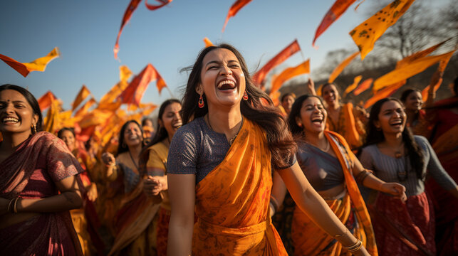 A group of women dressed in traditional sarees, engaged in a cheerful game of kite-flying during Makar Sankranti