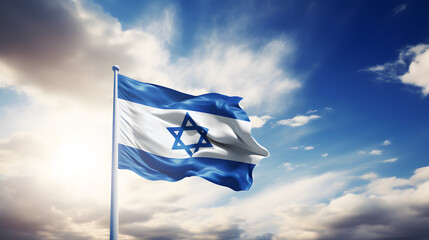 Israel flag blowing in the wind with a star of David over cloudy sky background