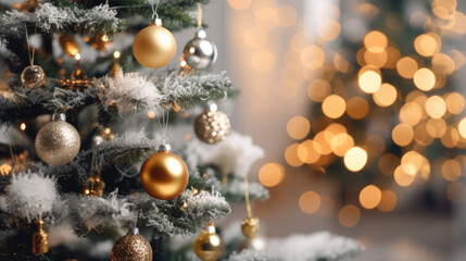 Fototapeta premium Decorated Christmas tree on blurred background.